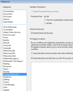 Acrobat Reader X Uncheck Enable Protection Mode at Startup